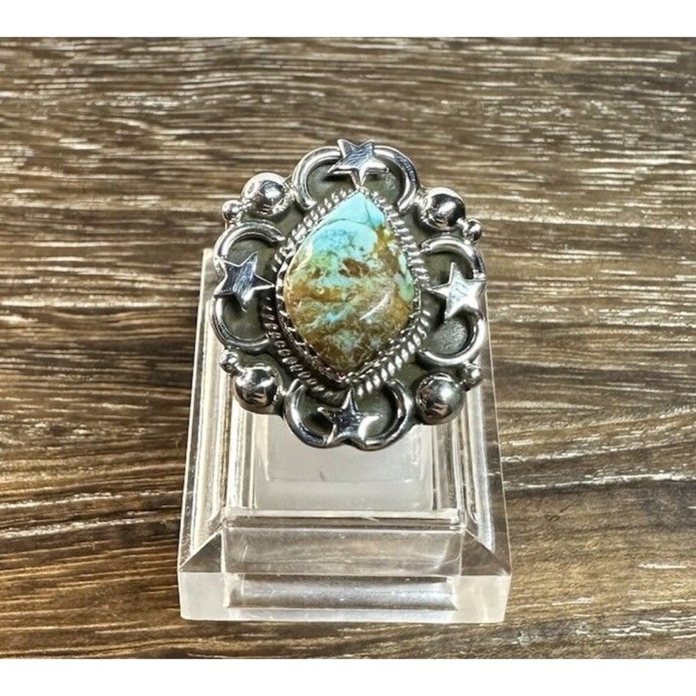 Native Southwest Style Sterling Silver Kingman Turquoise Moon & Star Edge Ring 6